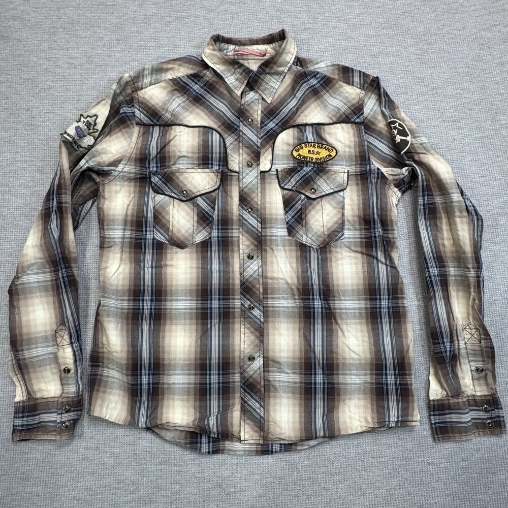 Big Star Mens Size M Brown Plaid Western Shirt Matthew Pearl Snaps Long Sleeve
